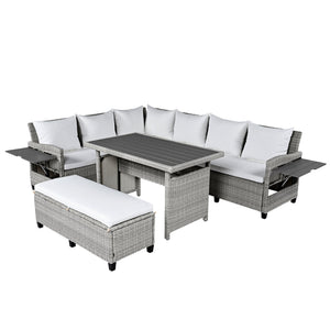 English Elm TOMAX 5-Piece Outdoor Rattan Sectional Sofa Set with Extendable Side Tables and Dining Table White SP100006AAK