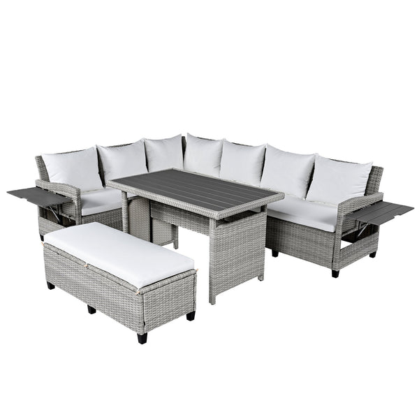 English Elm TOMAX 5-Piece Outdoor Rattan Sectional Sofa Set with Extendable Side Tables and Dining Table White SP100006AAK