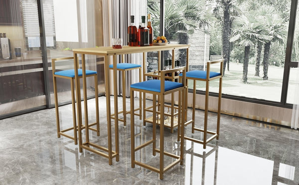 English Elm Bar Table and Four Cushioned Chairs Gold Iron Frame with Built-in Shelf Coastal Style W3064P245382