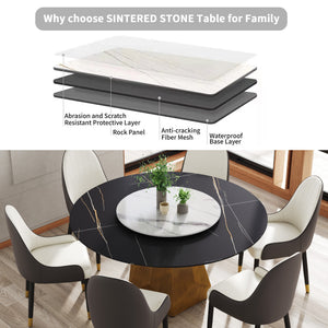 English Elm 59.05" Round Marble Dining Table With Turntable - Seats 6-8, Stylish Metal Base & Easy-Clean Surface W1535S00375