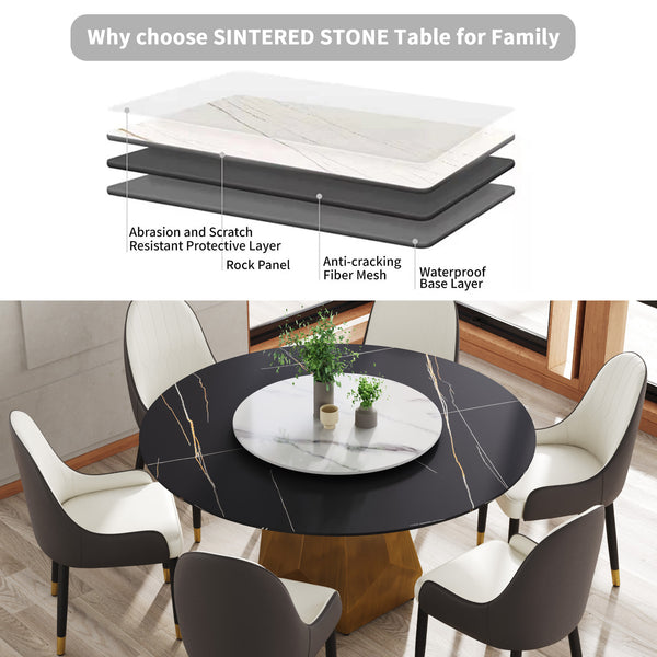 English Elm 59.05" Round Marble Dining Table With Turntable - Seats 6-8, Stylish Metal Base & Easy-Clean Surface W1535S00375