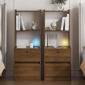 English Elm Nightstands with Built-In Charging, Voice-Control Night Light, Lockable Cabinet and Open Shelves for Bedroom Wood 45.86 L x 19.88 W x 10.22 H W1321P311111