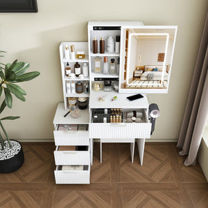 English Elm Modern Makeup Vanity Desk with Led Lighting Four Drawers Mirror and Built-in Power Outlet White W509P465830