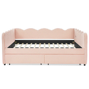 English Elm Queen Gingham Linen Daybed with Wave Backrest Two Storage Drawers and Usb Port Pink W1413S00150