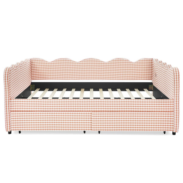 English Elm Queen Gingham Linen Daybed with Wave Backrest Two Storage Drawers and Usb Port Pink W1413S00150