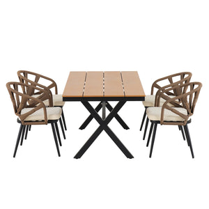 English Elm U_Style Modern Outdoor Dining Set with PE Rattan Chairs & Durable Plastic Wood Table, Sturdy Brown WY000438AAE