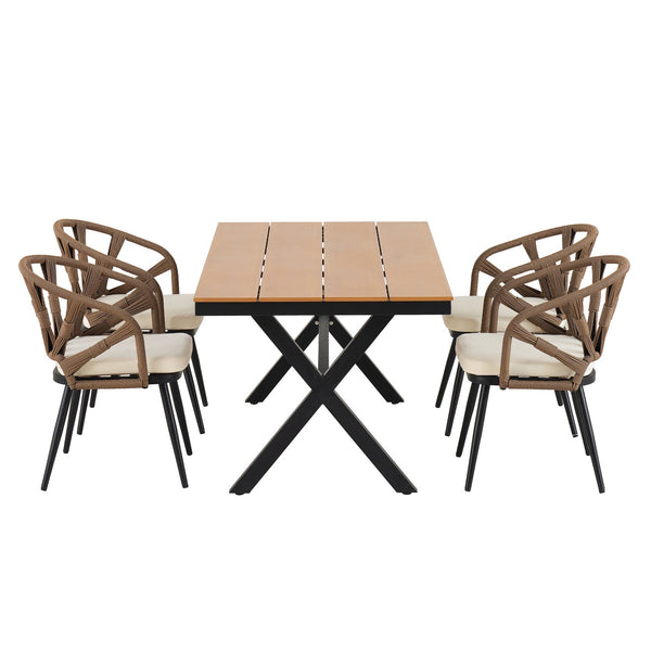 English Elm U_Style Modern Outdoor Dining Set with PE Rattan Chairs & Durable Plastic Wood Table, Sturdy Brown WY000438AAE