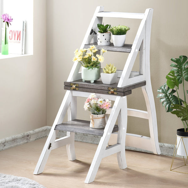 English Elm Solid Wood Foldable Ladder Chair 2-in-1 Rustic Two-Tone Step Stool & Display Stand for Home Decor, Durable W2537P214548
