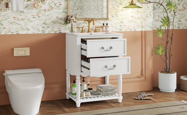 English Elm 24'' Vintage Bathroom Vanity with Ceramic Sink Soft Close Drawers Open Shelf White N710P411237K