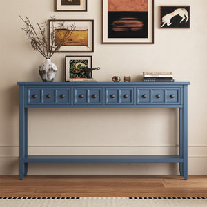 English Elm Trexm Rustic Entryway Console Table, 60" Long Sofa Table With Two Different Size Drawers and Bottom Shelf For Storage (Antique Navy)