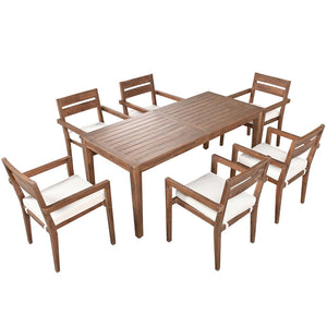 English Elm U_style Solid Acacia Wood Patio Dining Set Six Stackable Chairs Cushions Modern Outdoor Burly Wood WY000459AAD