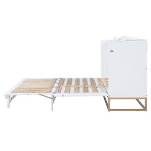 English Elm Murphy Queen Wall Bed with Frosted Glass Cabinet Facade Gold Legs Pine Frame White N820S00028K