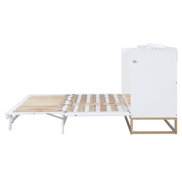 English Elm Murphy Queen Wall Bed with Frosted Glass Cabinet Facade Gold Legs Pine Frame White N820S00028K