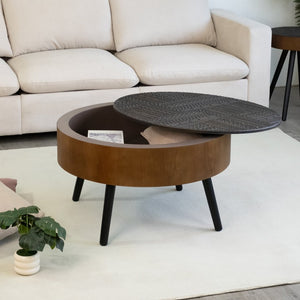 English Elm 31.5-inch Round Carved Wood Coffee Table Vintage Distressed Finish Living Room Accent W3935P406036