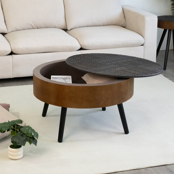 English Elm 31.5-inch Round Carved Wood Coffee Table Vintage Distressed Finish Living Room Accent W3935P406036