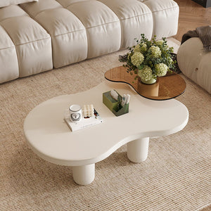 English Elm Cream Nesting Coffee Tables Set of 2 — Cream White Beige Modern Irregular Glass Top, Safe Round Edges W3081P254996