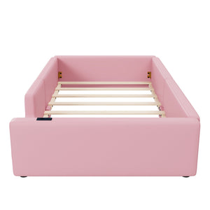 English Elm Twin Upholstered Platform Bed with Guardrail and Built-In Charging Station, Modern Sleek Design for Small Spaces Pink N709P186347H