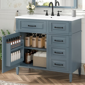 English Elm 36-Inch Modern Bathroom Vanity With Ceramic Sink Top, Storage Drawers, And Stylish Blue Gray Finish N725P350849E