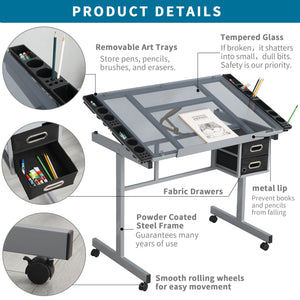 English Elm Adjustable Glass Top Drafting Table with Tilt 0–70°, Steel Frame, 2 Fabric Drawers & Locking Wheels W347P330973