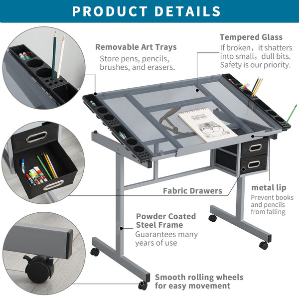 English Elm Adjustable Glass Top Drafting Table with Tilt 0–70°, Steel Frame, 2 Fabric Drawers & Locking Wheels W347P330973