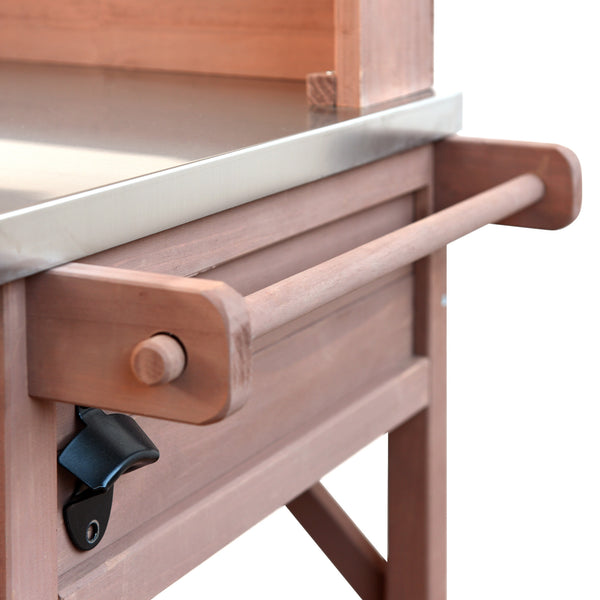 English Elm K&K 64.9" Outdoor Potting Bench with 1.2" Stainless Steel Top, Lockable Wheels, Hutch & Drawers Brown N707P228274Z