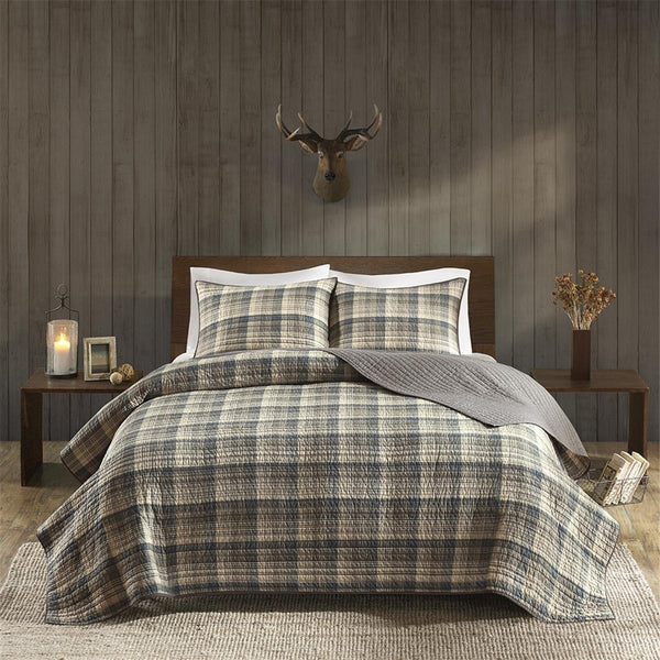 JLA Home Woolrich - 100% Cotton Oversized Quilt Mini Set – Reversible Plaid & Solid Design, Lightweight Breathable Year-Round Comfort Tan WR14-1787