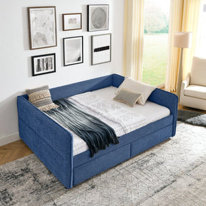 English Elm Queen Boucle Tufted Daybed Sofa with Storage Drawers Eucalyptus Frame Guest Room Blue W1413S00179
