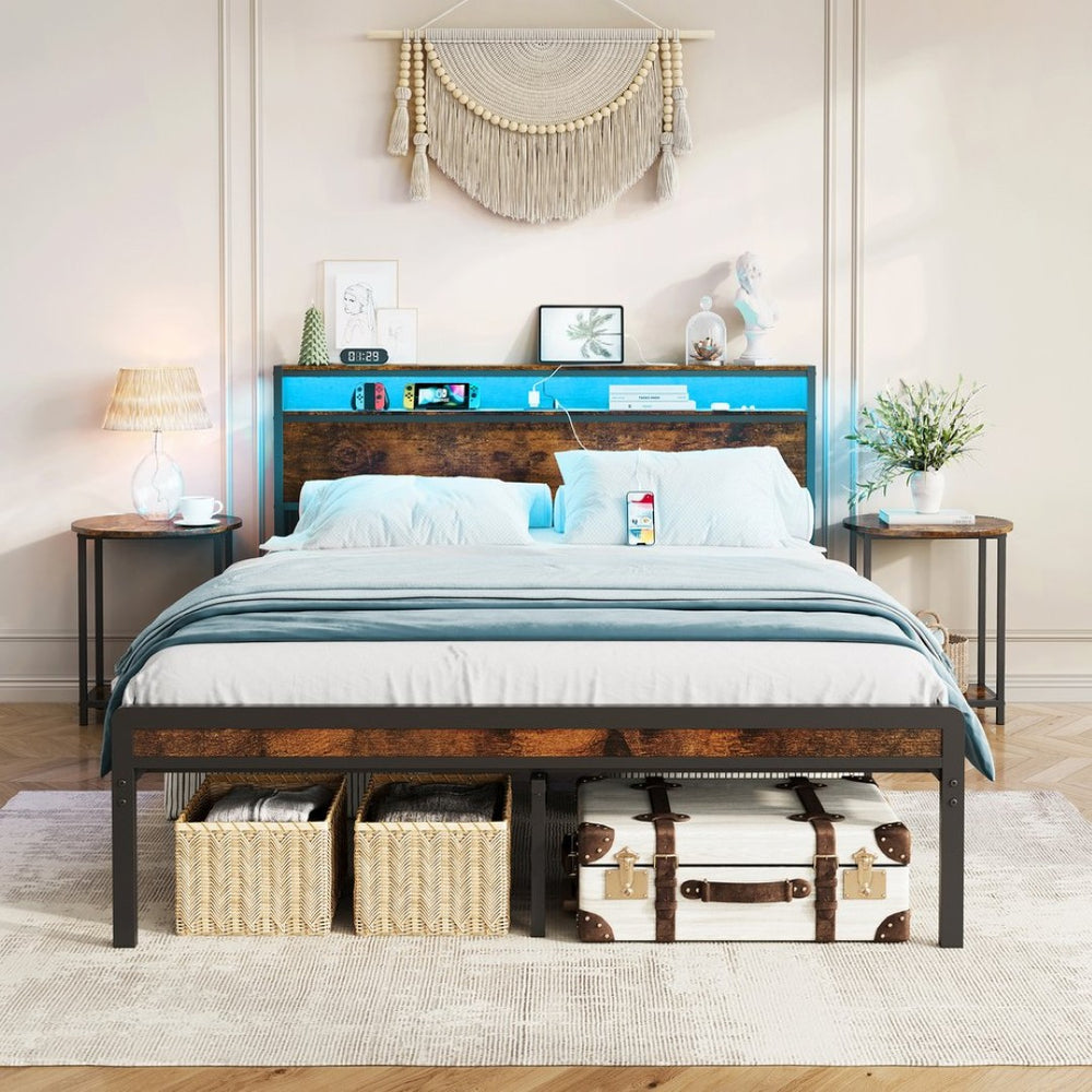 English Elm Full Iron Platform Bed with Led Base Lighting Usb Charging Headboard and Footboard W1903P314002