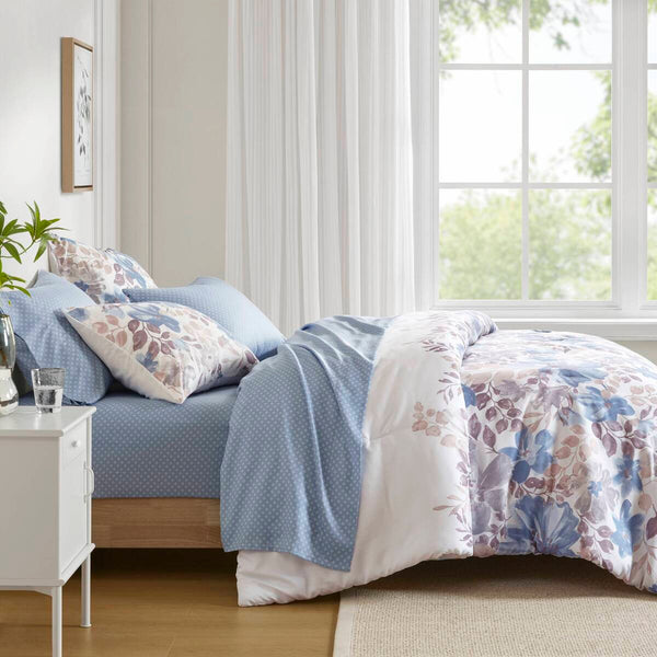 English Elm Floral Comforter Set With Soft Microfiber Sheets - Blue Watercolor Design For Cozy Bedrooms B035P266684