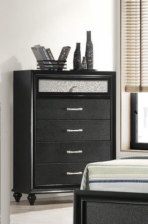 English Elm 1pc Glam Five Drawer Tall Bedroom Chest with Shimmer Accent Top Drawer, Bar Handles, Solid Wood Appeal Black 38.98 L x 19.33 W x 48.62 H B011P234293