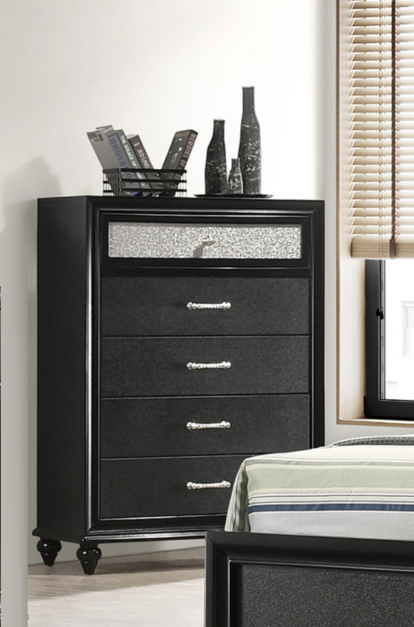 English Elm 1pc Glam Five Drawer Tall Bedroom Chest with Shimmer Accent Top Drawer, Bar Handles, Solid Wood Appeal Black 38.98 L x 19.33 W x 48.62 H B011P234293