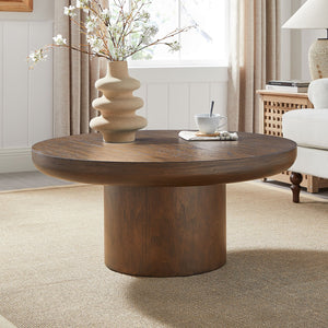 English Elm 35.98inch Round Coffee Table with Oak-Texture Legs and Thick Wood Veneer Top for Living Room Stylishly Low-Profile Modern Design Dark Brown W2582S00096