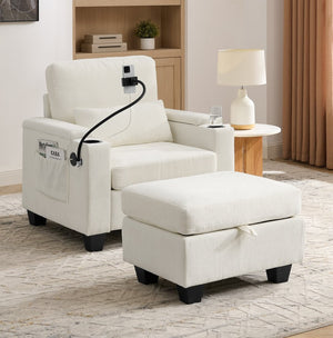 English Elm Single Chenille Manual Recliner with Usb Port Hidden Storage Ottoman and Cup Holders Beige W487P423650