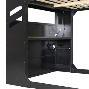 English Elm Full Size Loft Bed with Rgb Lighting Desk Drawers Hanging Rod Teen Bedroom Green LT000288AAF-1