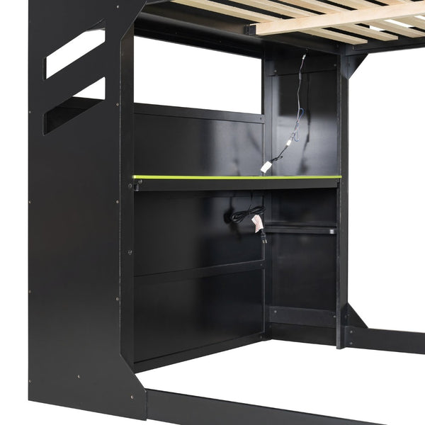 English Elm Full Size Loft Bed with Rgb Lighting Desk Drawers Hanging Rod Teen Bedroom Green LT000288AAF-1
