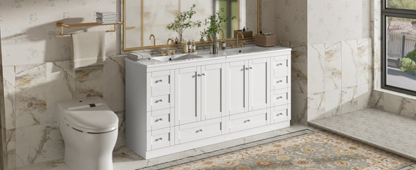 English Elm 72" Freestanding Shaker Bathroom Vanity Double Ceramic Sink Eight Soft Close Drawers N729P000032K