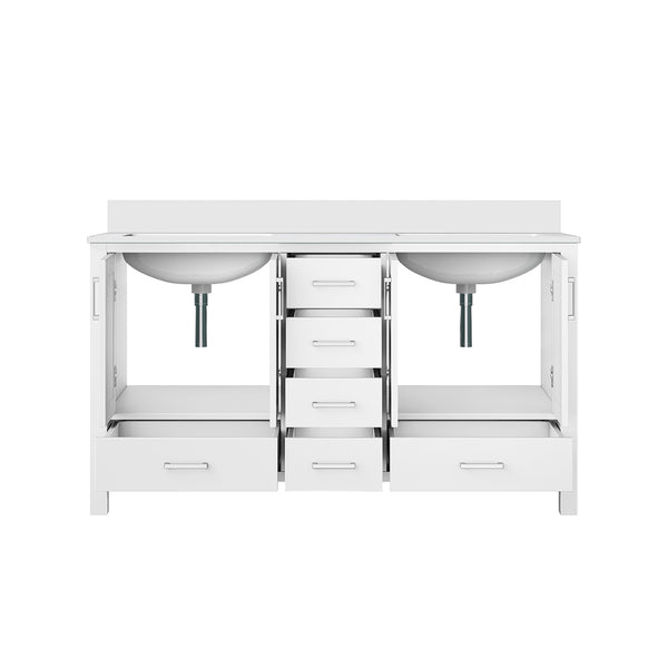 English Elm White Double Bath Vanity 60-inch W x 22-inch D with White Quartz Top, Solid Wood, Soft-Close Drawers B2731P258873