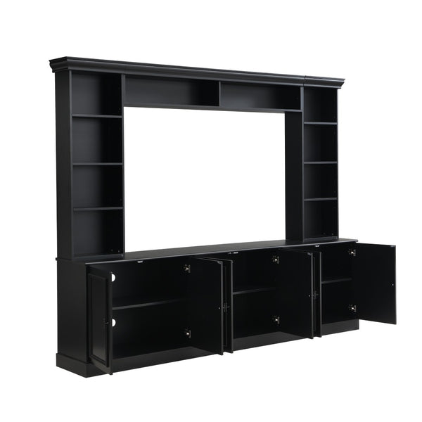 English Elm Tv Stand Mid-century Style with Open Shelving Enclosed Cabinets and Retro Door Panels N721P379050B