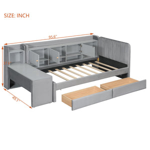 English Elm Twin Upholstered Daybed with Velvet Finish, High Back Shelves, Flip Cabinets, Drawers & Side Table Gray SF000196AAE