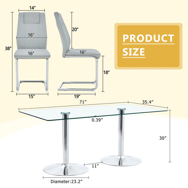 English Elm Table and Chair Set Tempered Glass Top Seats Eight with Pu Leather Dining Chairs Light Gray,Silver,Transparent W1151S04553