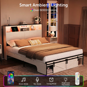 English Elm Farmhouse Full Size Bed Frame With Smart Storage, Charging Station, & Led Lights For Modern Comfort W1550P343689