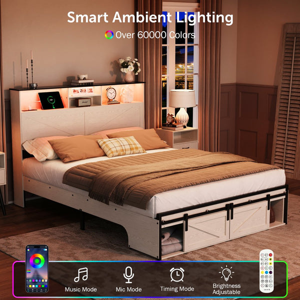 English Elm Farmhouse Full Size Bed Frame With Smart Storage, Charging Station, & Led Lights For Modern Comfort W1550P343689
