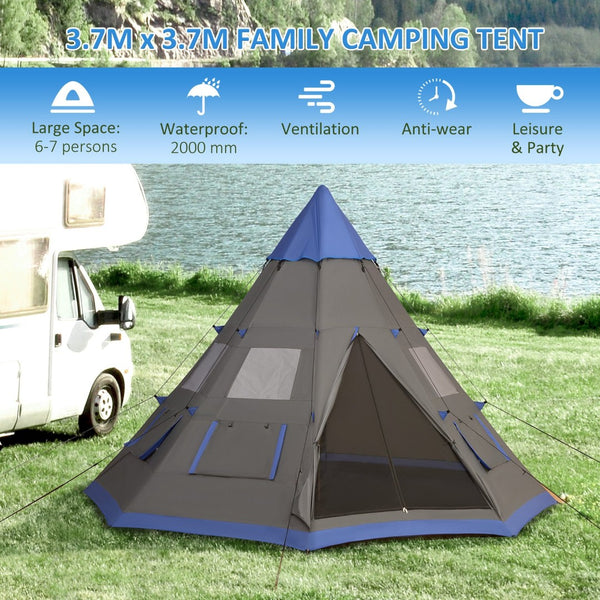 English Elm Outsunny Teepee Camping Tent 12 Ft Waterproof Shelter for 6 to 7 with Mesh Vents W2225P217034