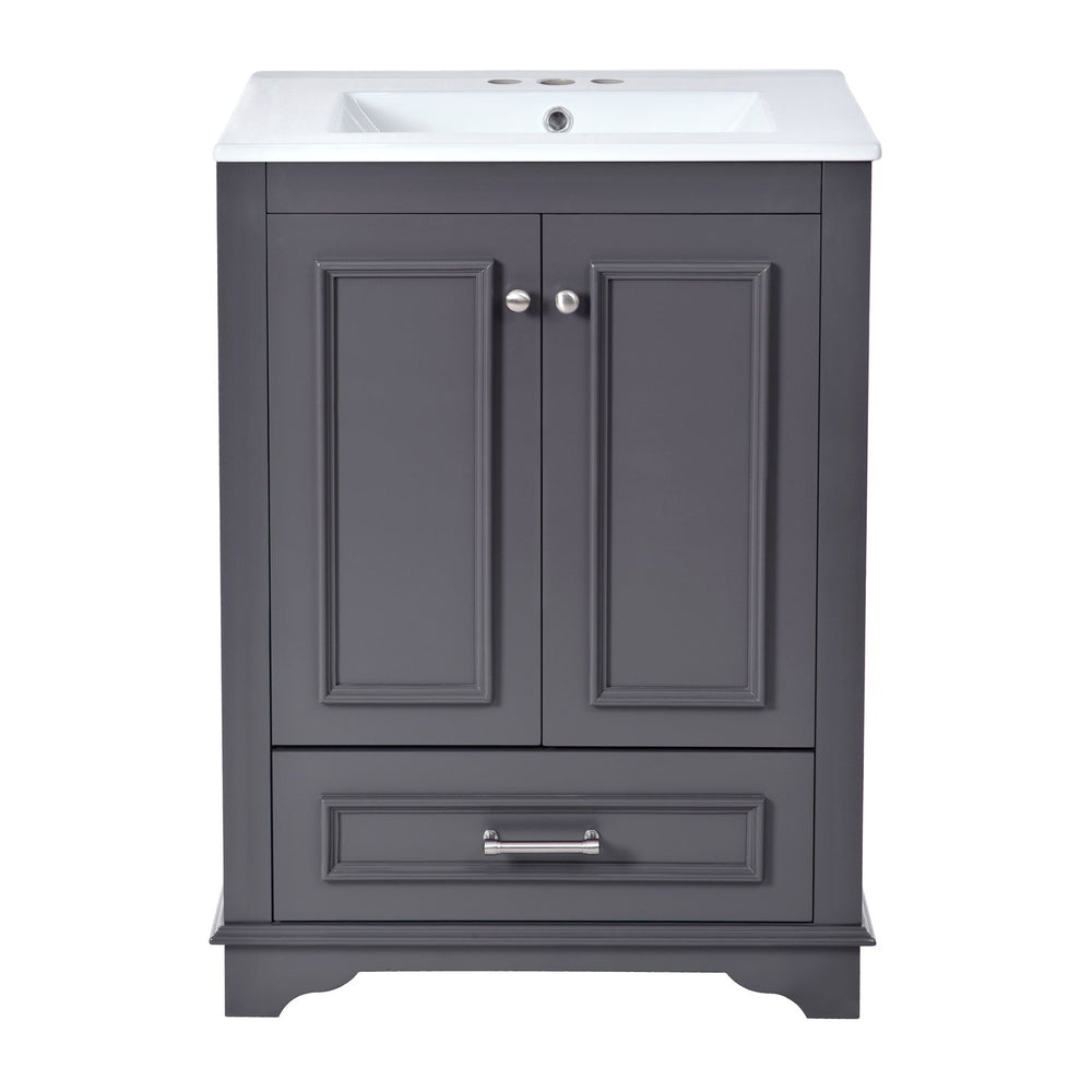 English Elm 24'' Bathroom Vanity with Ceramic Sink Combo Modern Freestanding MDF Cabinet with Soft-Close Doors and Sleek Silver Handles for Spacious Organized Bathroom Storage Blue Gray N710P194893C