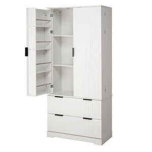 English Elm 72" Modern Fluted Pantry Cabinet with 2 Large Silent Drawers, 8-Door Spice Rack & Adjustable Shelf Organizer White W2917P294993