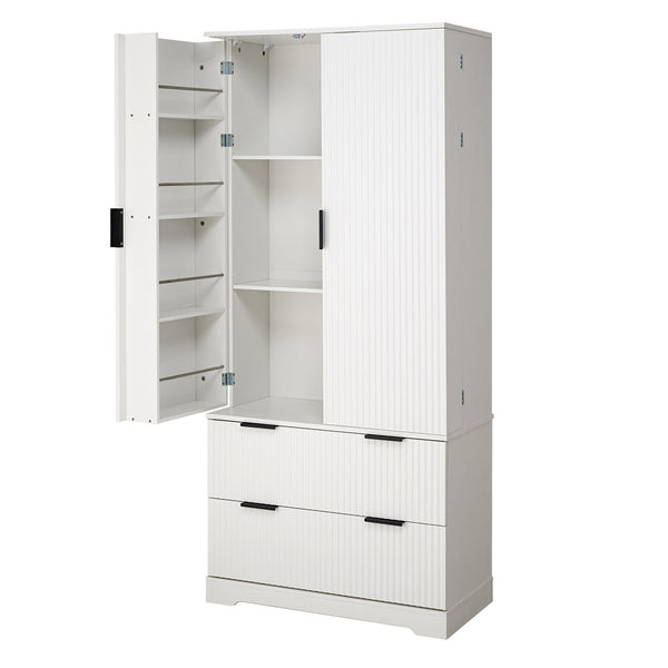 English Elm 72" Modern Fluted Pantry Cabinet with 2 Large Silent Drawers, 8-Door Spice Rack & Adjustable Shelf Organizer White W2917P294993