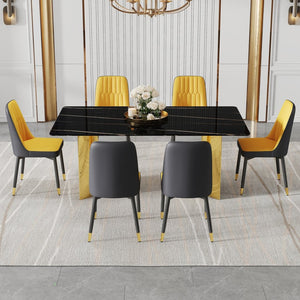 English Elm Table With Glass Top & Gold Stainless Steel Legs, 6 Orange & Dark Gray Pu Dining Chairs Set W1151S04340-GIGA