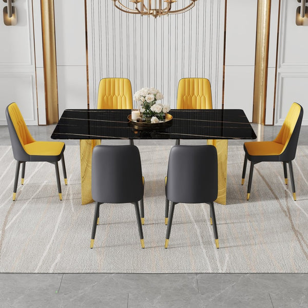 English Elm Table With Glass Top & Gold Stainless Steel Legs, 6 Orange & Dark Gray Pu Dining Chairs Set W1151S04340-GIGA