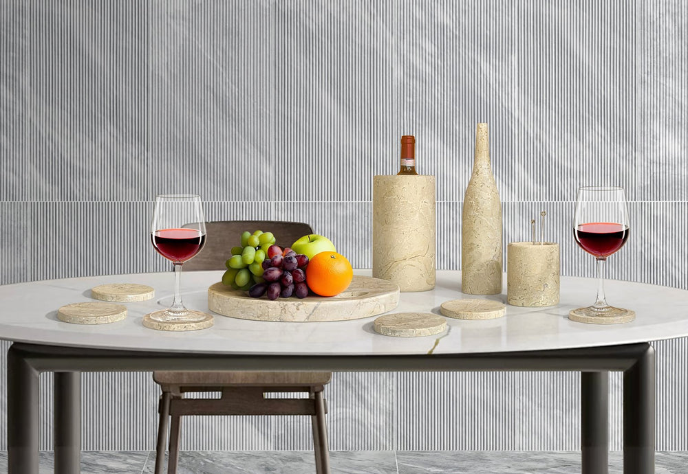 English Elm Glod Luxury Natural Marble 10-Piece Dining Room Accessory Set with Coasters, Tray, Cooler, Vase Beige+Gold,Beige+yellow,Gold W1696P262940