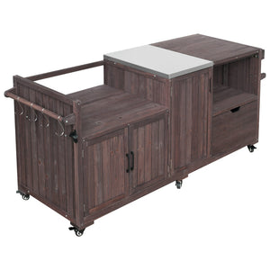 English Elm K&k 80.5 Inch Outdoor Kitchen Island Solid Fir Wood Stainless Steel Grill Cart Station Brown N707P392140Z